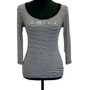 BEBE black white striped crystal rhinestone logo fitted long sleeve shirt Sz M
